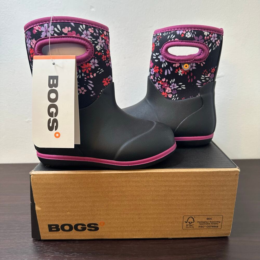 Bogs Boots, Black Classic Winter Floral Garden, Size 8 Toddler, Waterproof, New